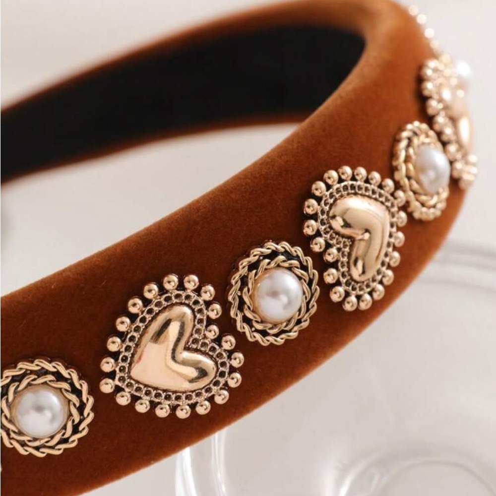 Elegant Brown velvet Headband with heart shaped Gold Accents - Picture 4 of 11